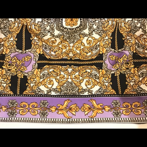 Laundry Versace style gold lavender with black chain print silky mini skirt sz 8 - Picture 6 of 10